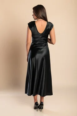 Abito midi in simil raso, nero
