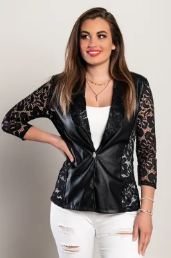 Blazer in ecopelle con inserti in pizzo traslucido Amalfi, nero