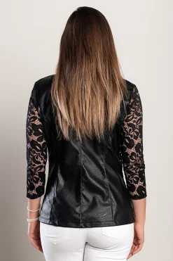 Blazer in ecopelle con inserti in pizzo traslucido Amalfi, nero