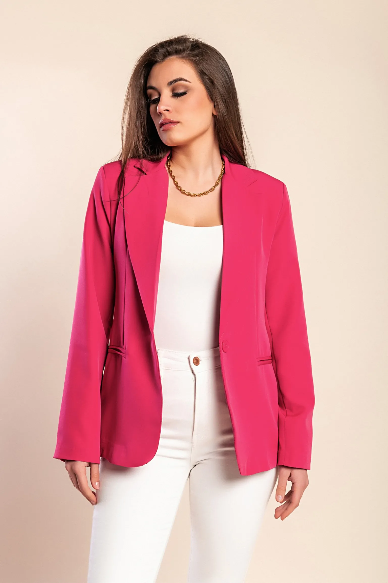 Blazer lungo con collo classico, fucsia