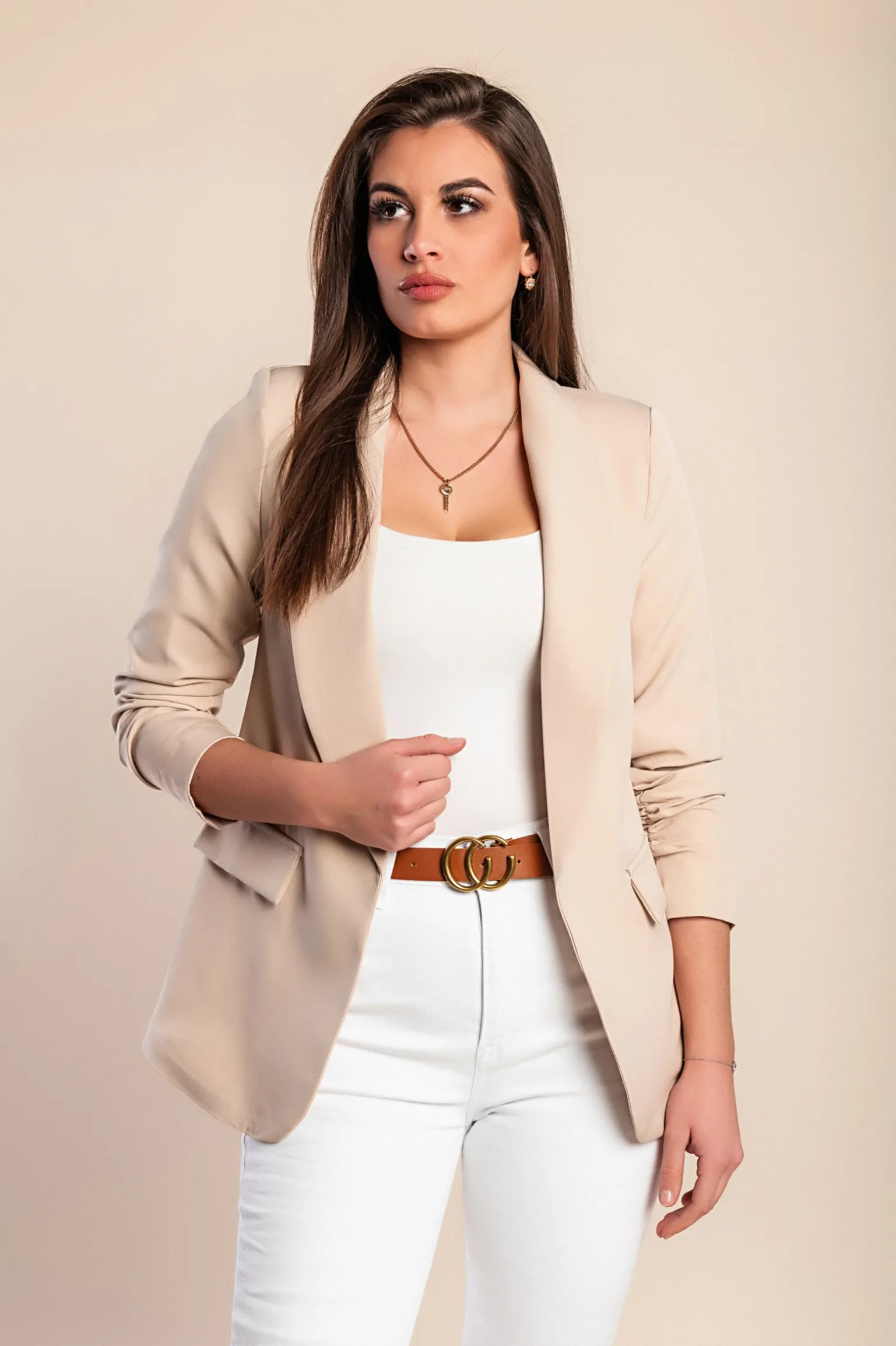 Blazer lungo con scollatura classica Turina, beige