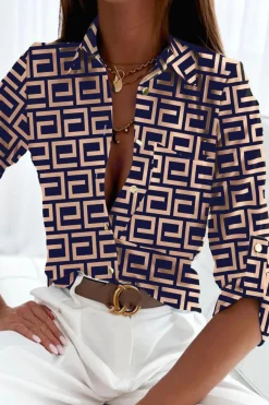 Blusa elegante con stampa geometrica di Lavlenta, beige-blu