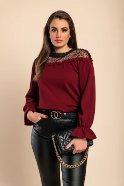 Blusa elegante con volant, bordeaux