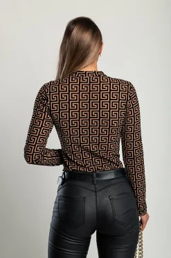 Body semitrasparente con stampa geometrica, colore marrone