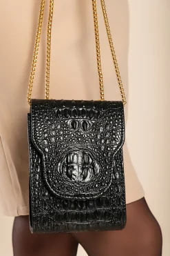 Borsa a mano piccola con fantasia pelle di coccodrillo, nera