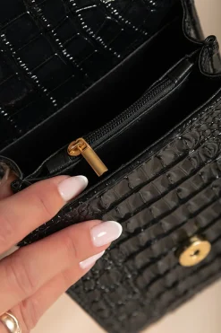Borsa a mano piccola con fantasia pelle di coccodrillo, nera