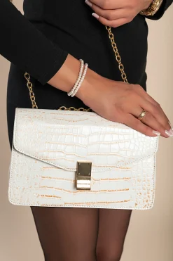 Borsa a mano stampa coccodrillo, bianco-oro