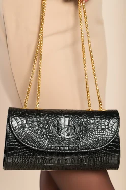 Borsa piccola con stampa pelle di coccodrillo, nera