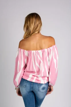 Camicia ampia con spalle scoperte e lacci da annodare Inessa, bianco-rosa