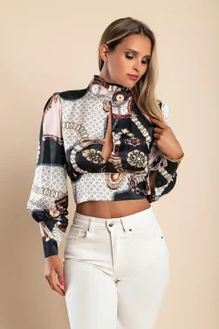 Camicia elegante con collo alto e maniche a campana  Diezma, nero - rosa