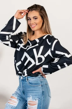 Camicia elegante con maniche lunghe e stampa lettere Osmana, nera