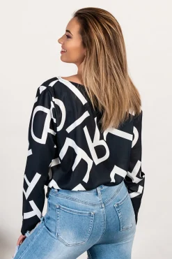Camicia elegante con maniche lunghe e stampa lettere Osmana, nera