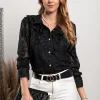 Camicia elegante con ricami e balze Laroya, nera
