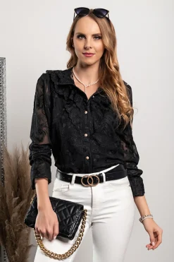 Camicia elegante con ricami e balze Laroya, nera