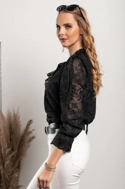 Camicia elegante con ricami e balze Laroya, nera