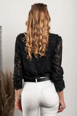 Camicia elegante con ricami e balze Laroya, nera