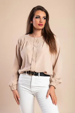 Camicia elegante con scollo rotondo, color kaki