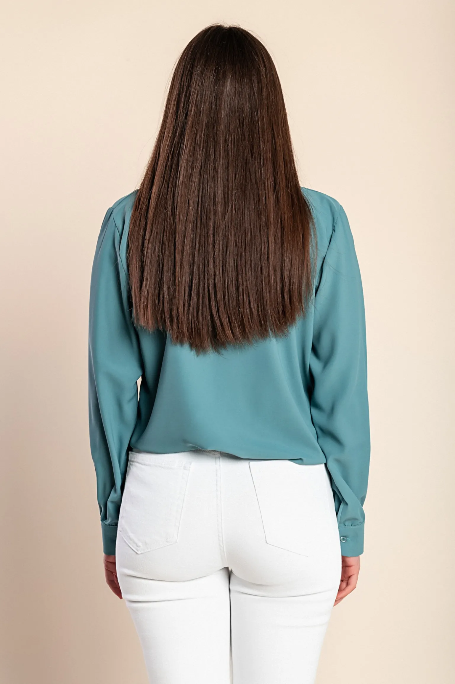 Camicia elegante con volant, colore petrolio