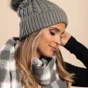 Cappello lavorato a maglia con pompon in pelliccia sintetica, grigio scuro
