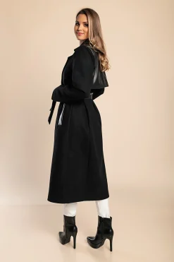 Cappotto elegante con dettagli in ecopelle, nero