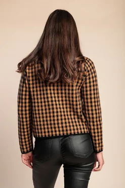 Cardigan in maglia con stampa a quadri, cammello