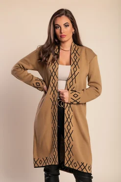 Cardigan in maglia con stampa, cammello/nero