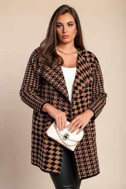 Cardigan morbido con stampa a quadri color cammello