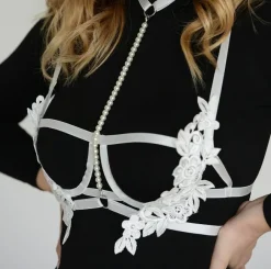 Cintura a bretella - Reggiseno con spalline elastiche con pizzo e finte perle, ART2801, bianco