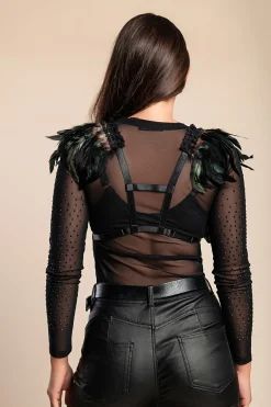 Cintura a bretella - Reggiseno con spalline elastiche con piume, ART2295, nero