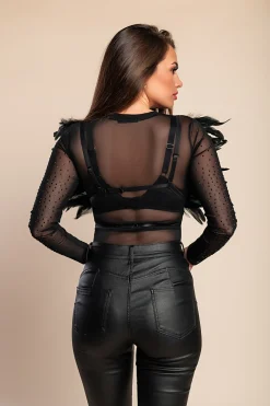 Cintura a bretella - reggiseno con spalline elastiche e piume, ART2139, nero