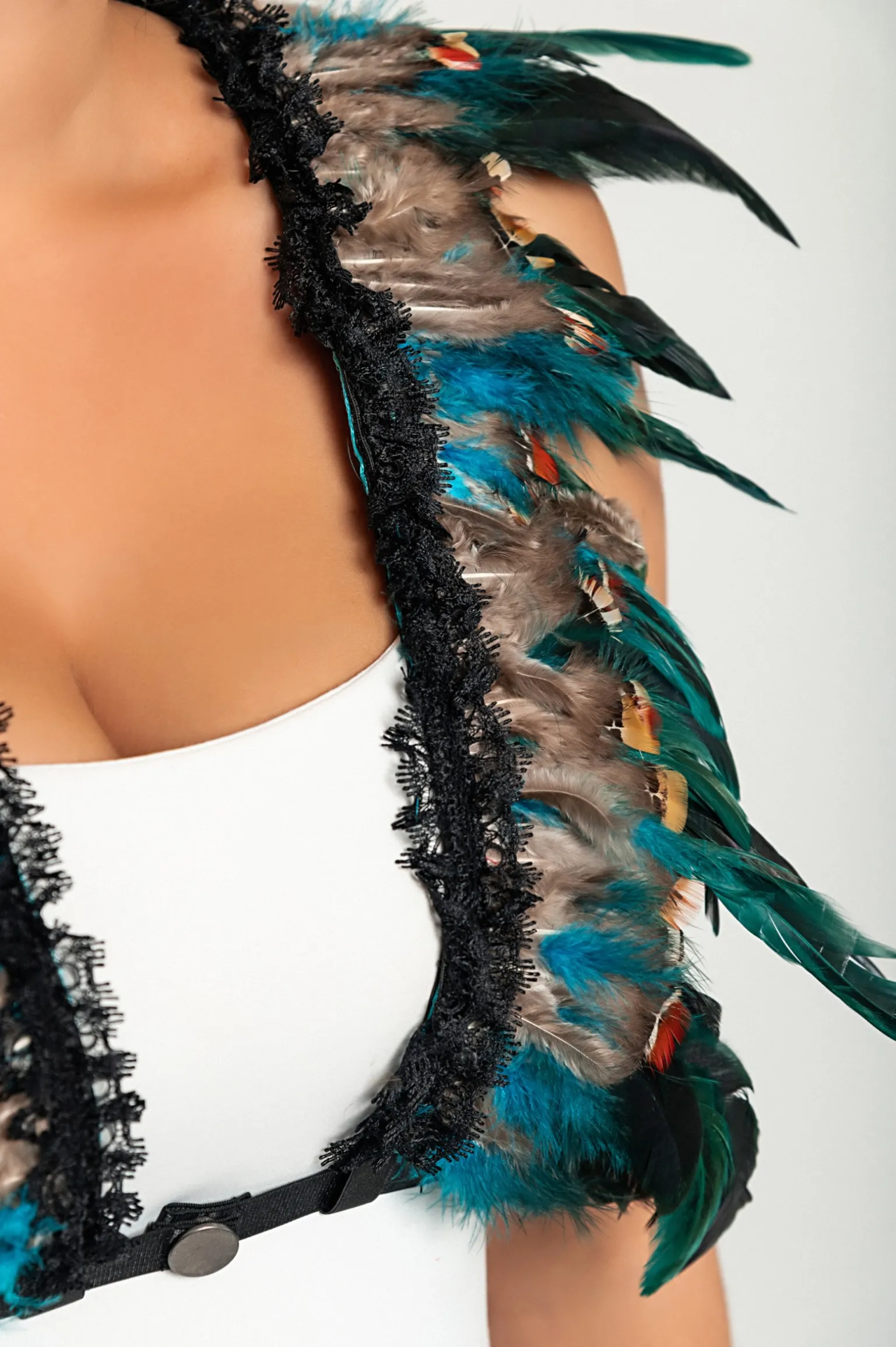 Cintura a bretella - Reggiseno realizzato con spalline elastiche con piume, ART2289, multicolor