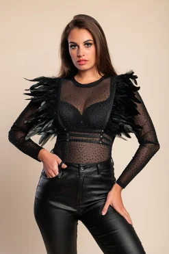 Cintura a bretella - reggiseno con spalline elastiche e piume, ART2139, nero