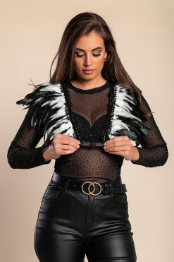 Cintura a bretella - Reggiseno con spalline elastiche con piume, ART2288, bianco e nero