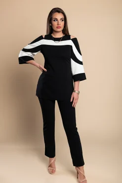 Competo elegante top con maniche a campana e pantaloni, nero