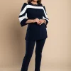 Competo elegante top con maniche a campana e pantaloni, blu scuro
