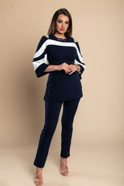Competo elegante top con maniche a campana e pantaloni, blu scuro