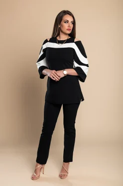 Competo elegante top con maniche a campana e pantaloni, nero