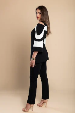 Competo elegante top con maniche a campana e pantaloni, nero