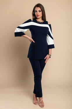 Competo elegante top con maniche a campana e pantaloni, blu scuro