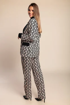 Completo blazer e pantaloni con stampa geometrica, beige/nero