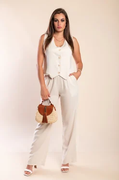 Completo canotta e pantaloni lunghi in lino, beige