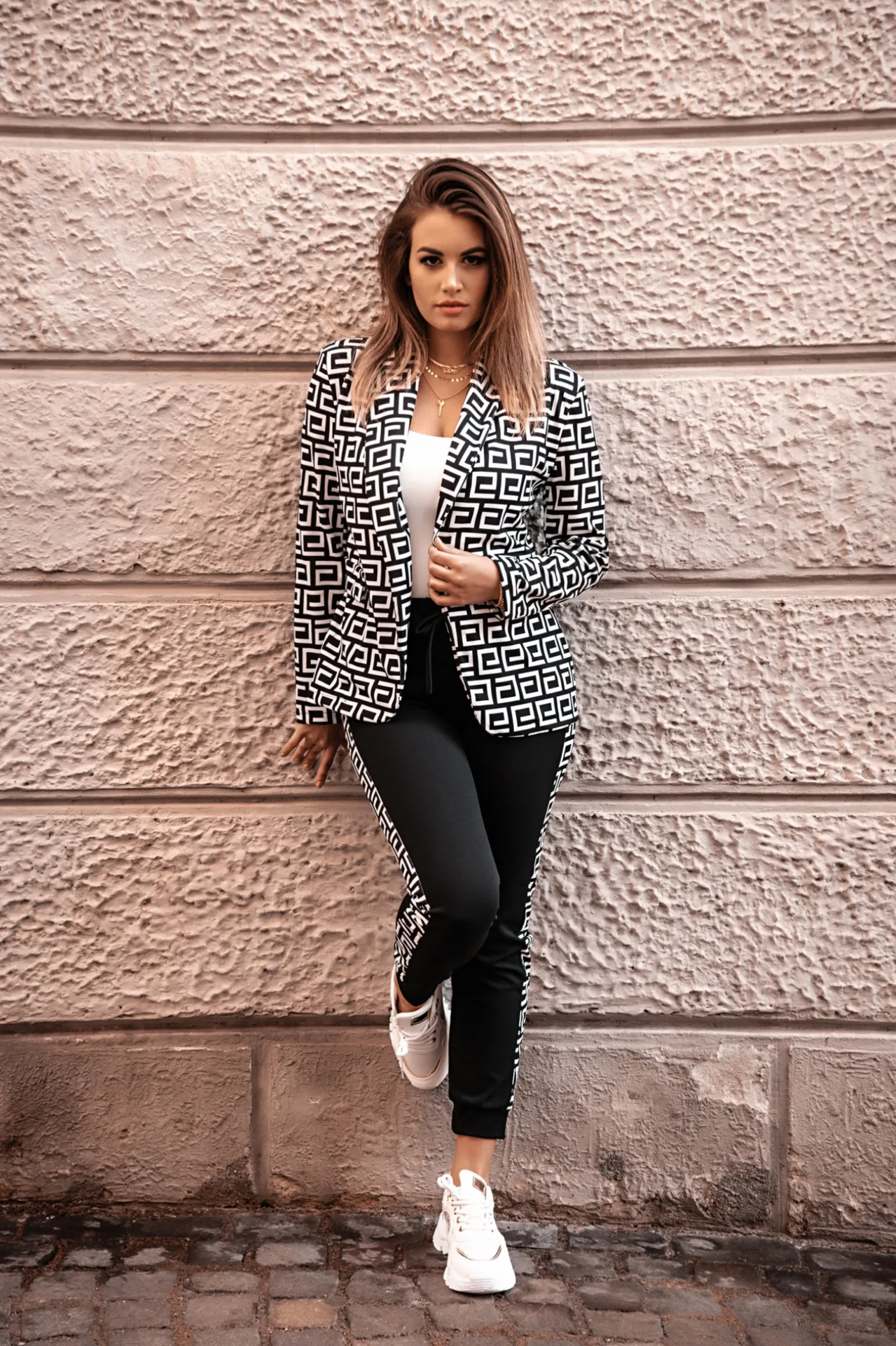 Completo pantalone e blazer con stampa Nunzia, bianco e nero