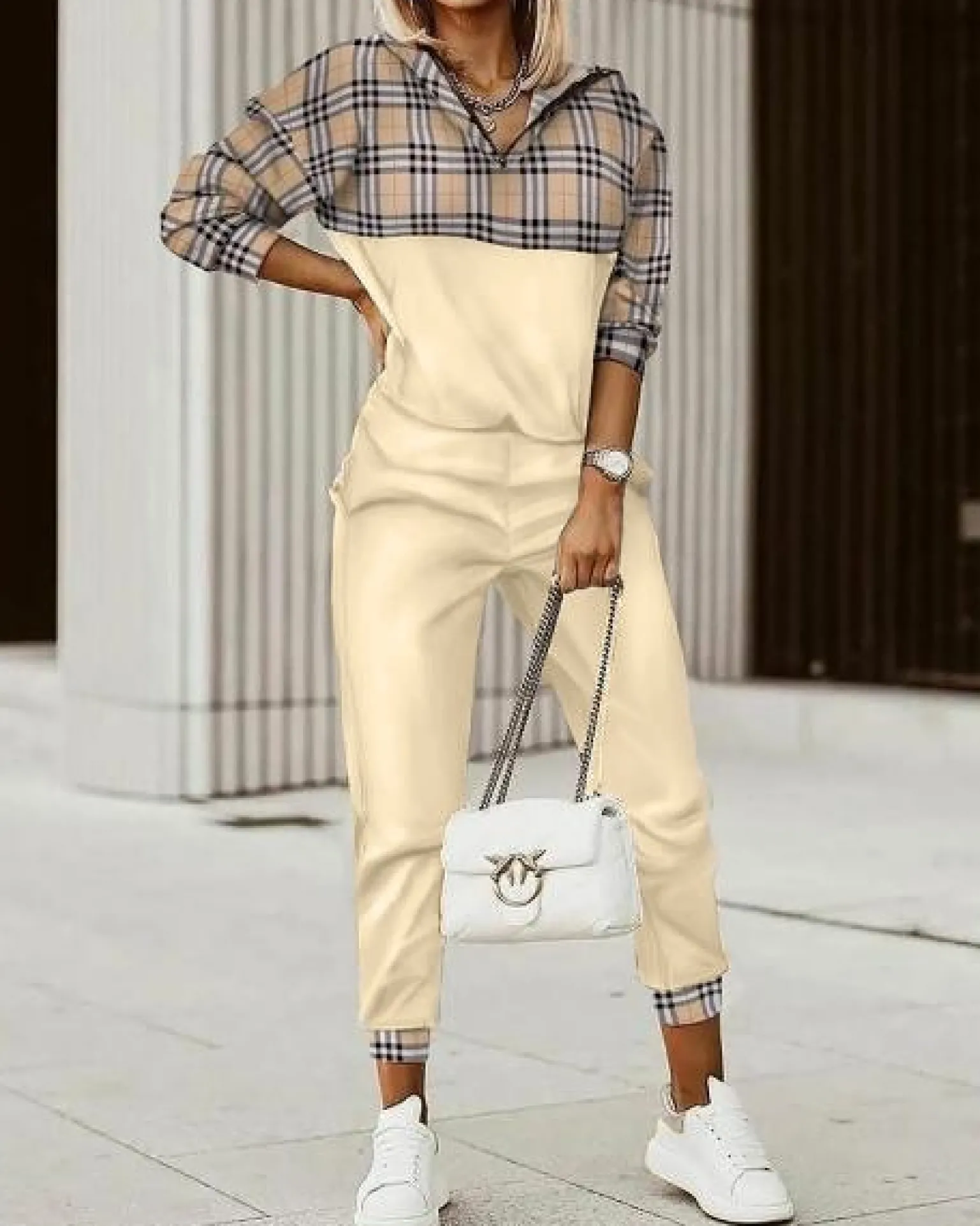 Completo tuta in cotone con stampa Ferisa, beige
