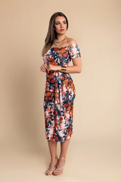 Elegante abito midi con stampa floreale, rosa chiaro
