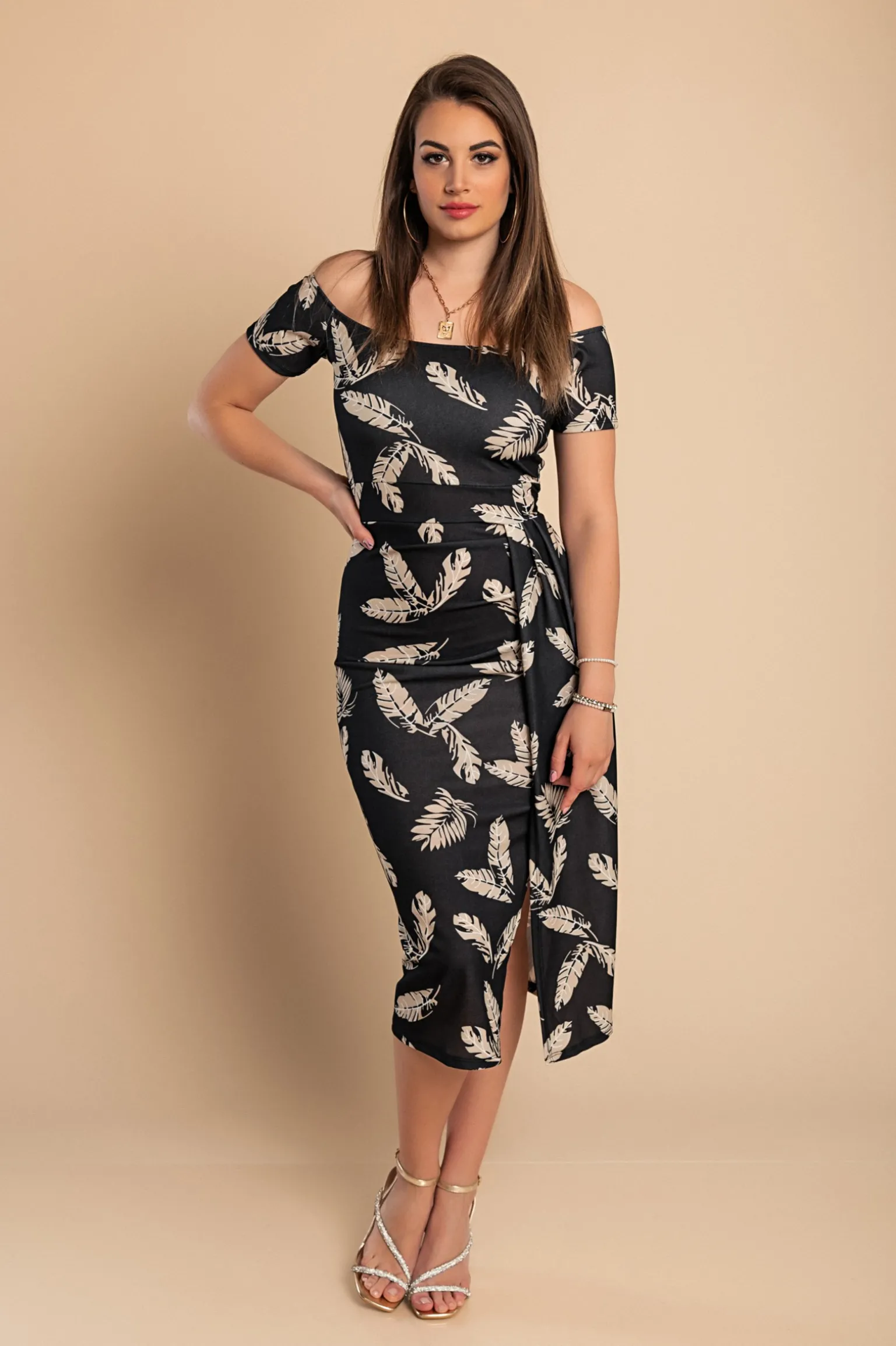 Elegante abito midi con stampa, nero