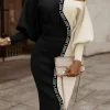 Elegante abito midi con stampa geometrica, nero e beige