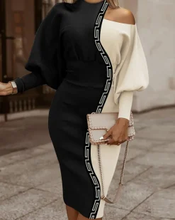 Elegante abito midi con stampa geometrica, nero e beige
