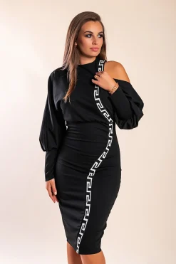 Elegante abito midi con stampa geometrica, nero