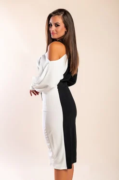 Elegante abito midi con stampa geometrica, bianco e nero