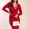 Elegante abito midi con stampa geometrica, bordeaux